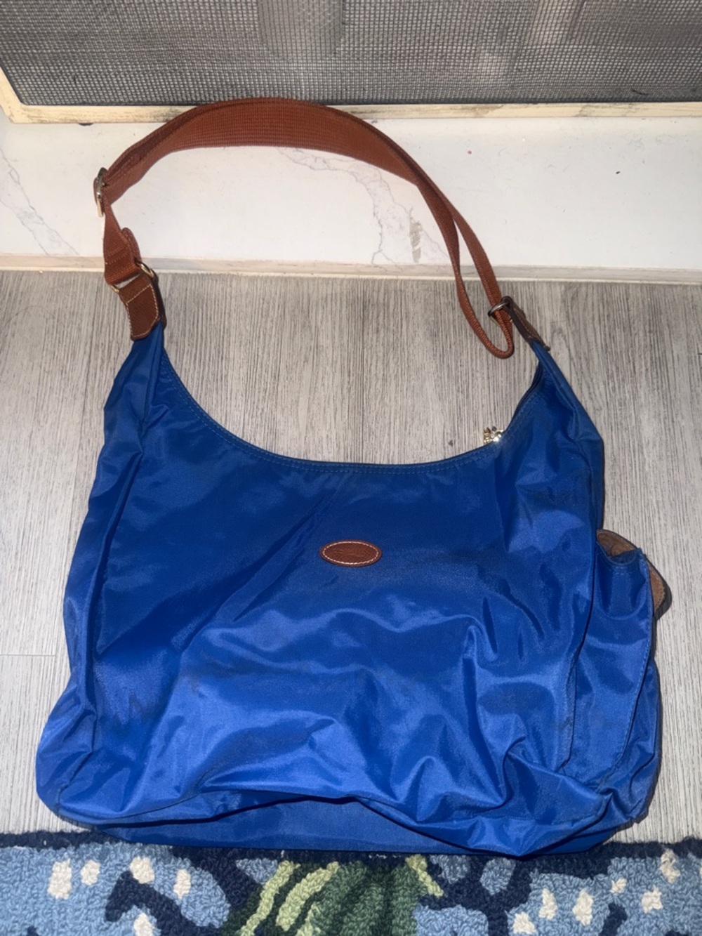 Longchamp Royal Blue Nylon Shoulder Bag with Brown Strap